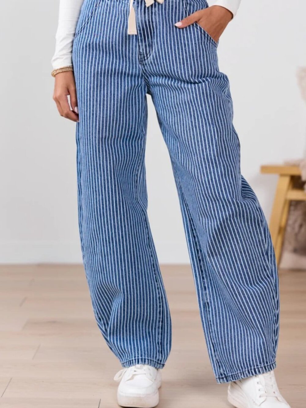 NEW Pink Lily 80s Style Navy Pinstripe Barrel Jeans